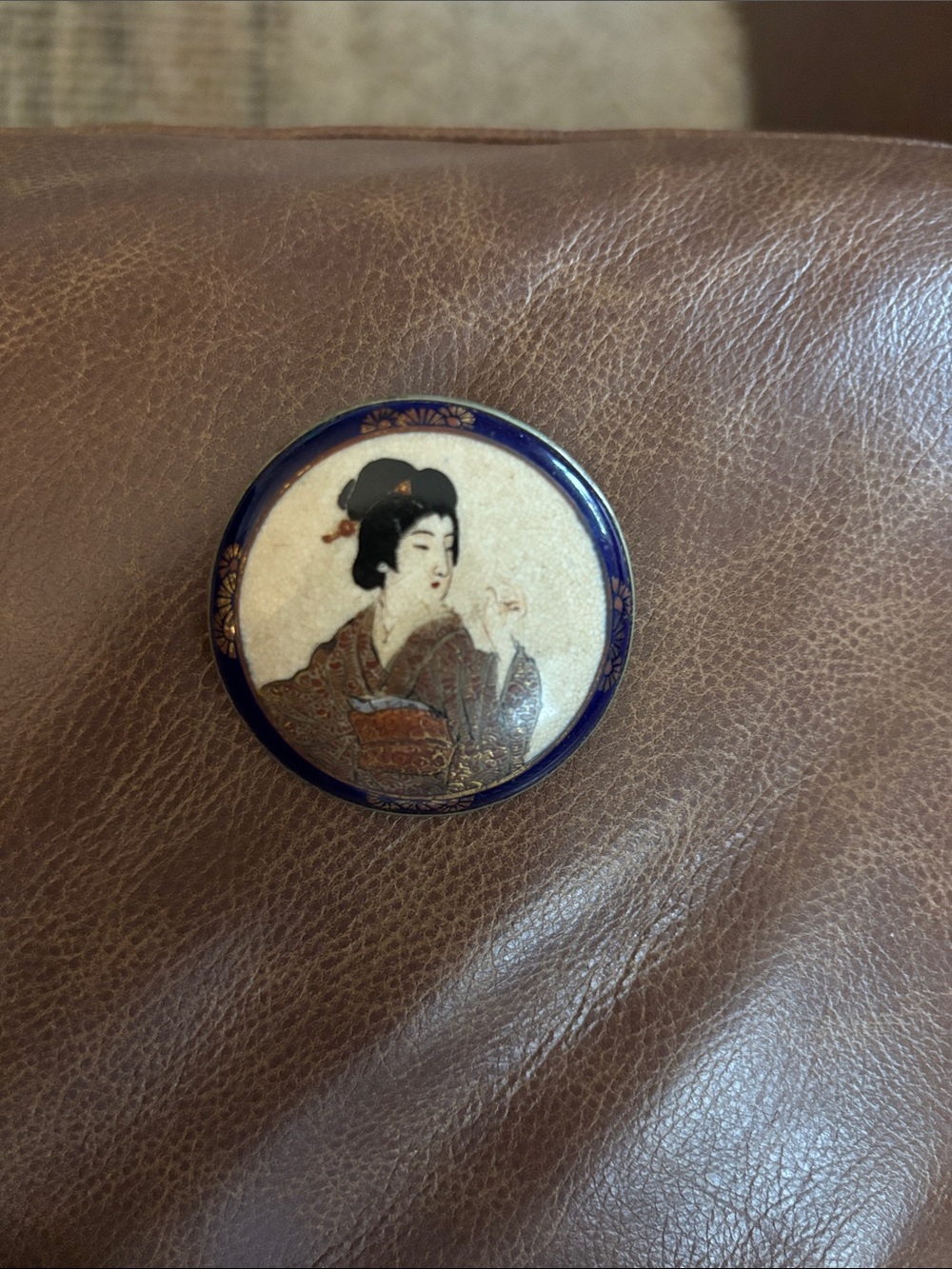 Vintage-Inspired Blue and Cream Japanese Geisha Brooch
